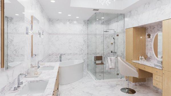 Roslyn, VA - Renovate master bath with marble tiles and quartz countertops