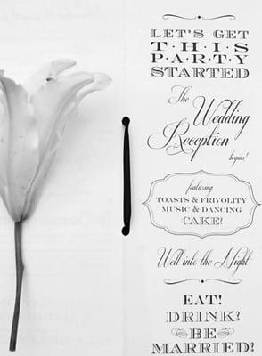 Black Ink designed and produced custom wedding program.  Look at that fun wording they came up with!