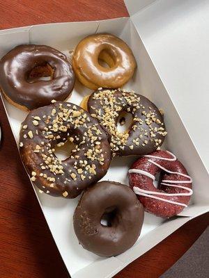 Half dozen Donuts- chocolate glaze, maple glaze, chocolate nuts, old fashioned chocolate, red velvet