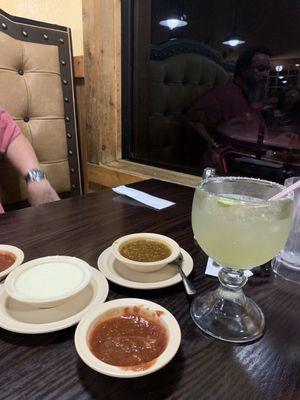 Excellent huge margarita, white queso, extra hot salsa along with regular salsa!