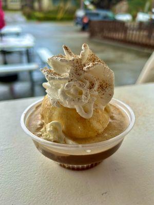 Affogato: Ice Cream & Espresso topped with Whipped Cream & a sprinkle of cinnamon.