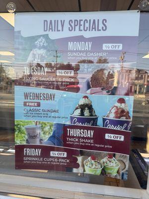 Every location differs in their specials except for wed free cones - so here's a photo of this locations specials.