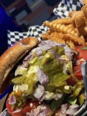 Green chile cheeseburger with fries