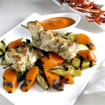 Chicken Kebabs with Harissa and Roasted Vegetables