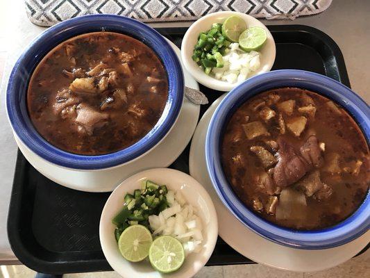 Menudo served with onions and jalapeños!