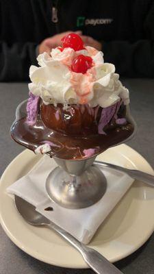 Black raspberry sundae with hot fudge