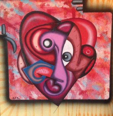 " heART headed" ink, oil & acrylic on canvas (12x11)"