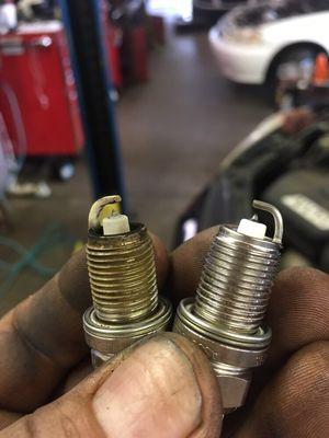 Difference between a spark plug with 100,000 miles and a brand new one.