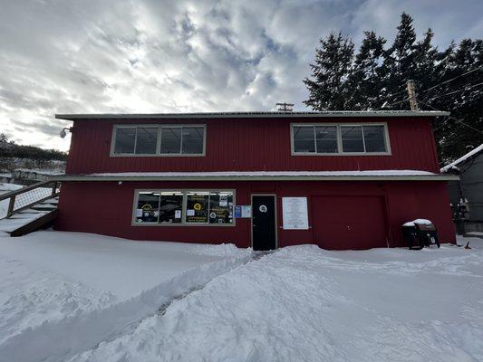 The front of the shop on a wintertime day (this much snow is super rare for us!)