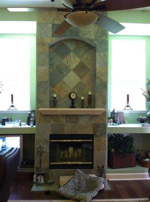 Faux slate tiles aren't just for floors. They make amazing feature walls as well.