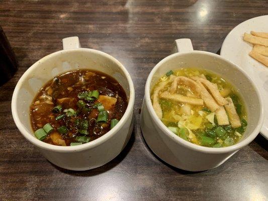 Hot & Sour plus egg drops soups.  Green onions and crispy noodles added. They also have wonton.