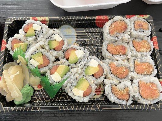 Philly roll (left) and spicy tuna roll (right)