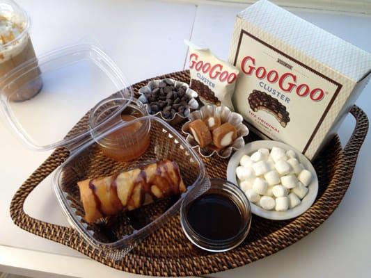 Goo Goo Lumpia-  Nashville's Original Goo Goo Cluster Candy inside a crunchy Lumpia wrapper drizzled with caramel & chocolate. Served warm