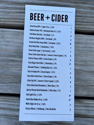 Beer & cider menu