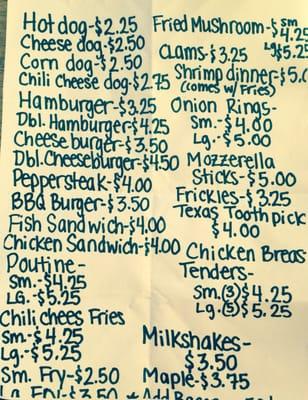 Shaggy' snack Bar Menu 2015