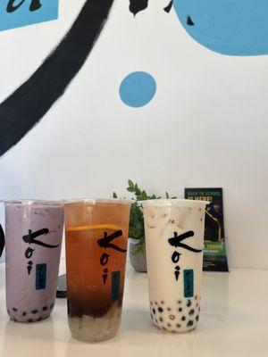 left to right; taro milk tea, jasmine green tea with hints of citrus, lychee milk tea with pearls and lychee popping bubbles