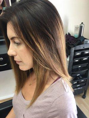 Balayage and long a-line haircut by Kayla