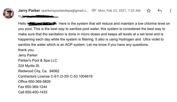 Email from them ensuring that chlorine is micro dosed.