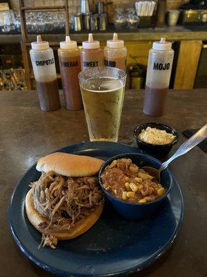 Pulled pork sandwich, Brunswick stew, coke slaw, and beer.