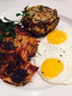 Fresh local ham, savory wild rice bread pudding, sunny up eggs