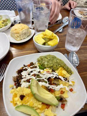 Aztec breakfast with green salsa and avocado. I substituted fruit instead of a biscuit.