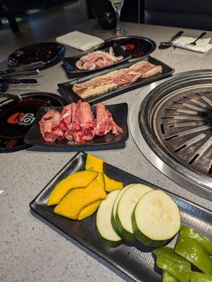 Korean BBQ - Top: Special Pork Cheek; Middle: Spare Rib, Beef Tongue; Bottom: Veggies (pumpkin, zucchini, bell pepper