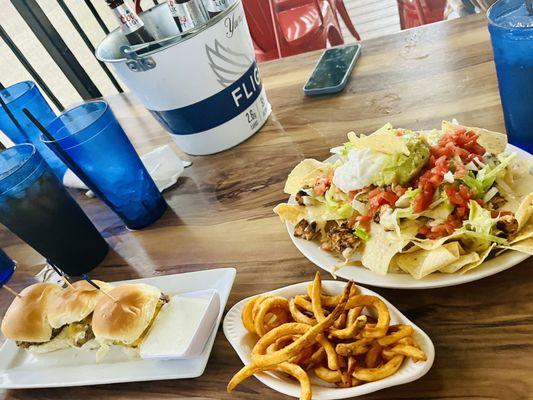 Cheeseburger Sliders, AMAZING Curly Fries, and Chris's F'n Nacho's - added Blackened Chicken!