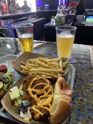 Spicy chicken chicken sandwich and fries from Hot Mess