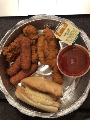 Sampler with garlic cheese bread, chicken fingers and mozzarella sticks