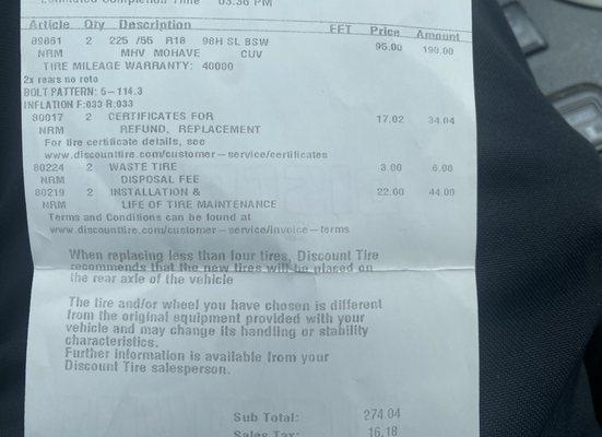 Receipt for the warranty on the tires I purchased that they did not honor when needed to be replaced