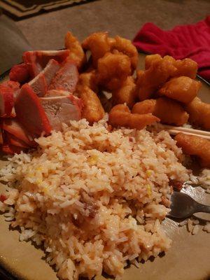 Mar far chicken, pork fried rice, and bbq pork.