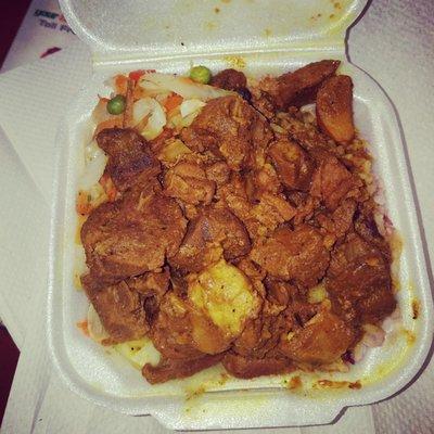 Curry Goat with Rice and Peas and vegetables- small