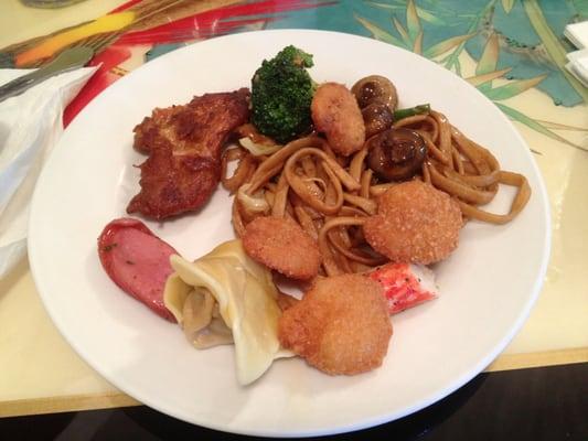 Fried shrimp, sausage, noodles