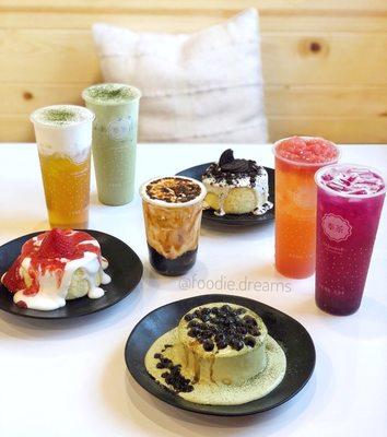 rose tea // matcha latte // dirty boba // summer melon // bursting dragonfruit // strawberry, matcha, oreo dessert cakes 03.11.19