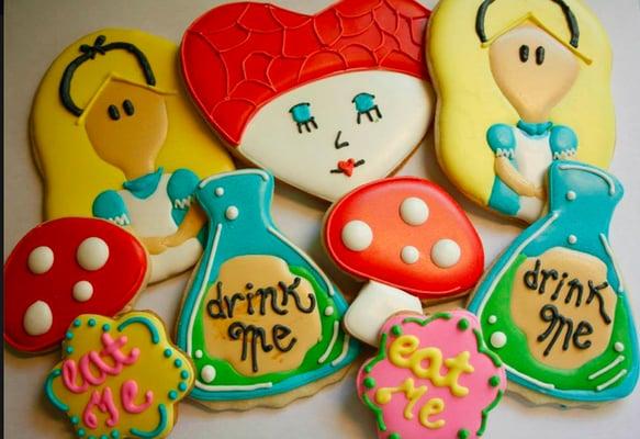 Hand decorated custom Alice in Wonderland inspired cookies.