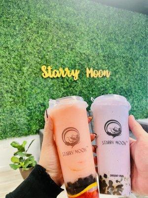 Strawberry yakult slush with boba & brown sugar crystal boba Taro smoothie with bob and taro crystal boba