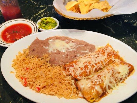 Two enchiladas w/ rice and beans