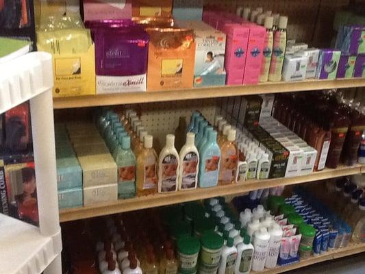 Cosmetic shelf of products in C&J's Inglewood