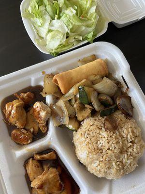 Lunch Special: teriyaki chicken with fried rice and veggies, and a side salad