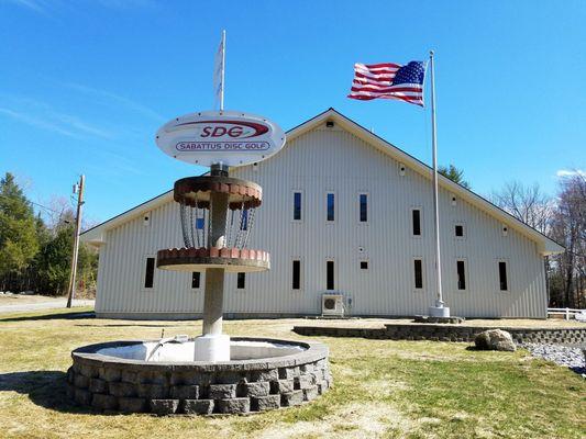 SDG has a unique disc golf basket fountain to greet all it's players.