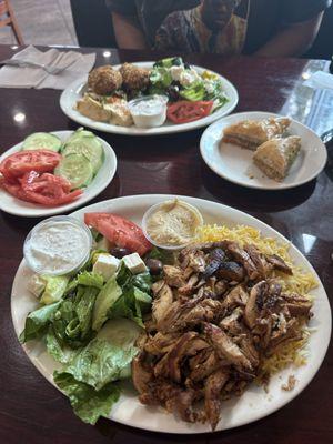 Chicken Shawarma Platter, Falafel Platter, Baklawa