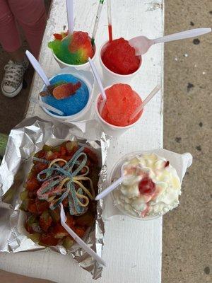 Top row: Rainbow snow-cone, strawberry snow-cone Middle row: Hawaiian blue, cherry Last row: cheekles chips, fresas con crema