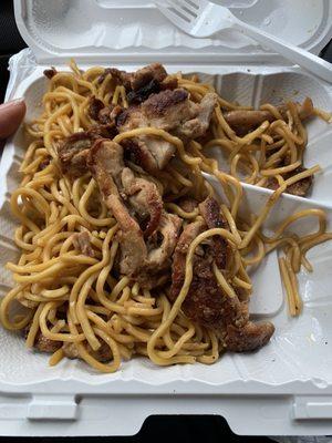 Dry noodles and chicken.  Tasteless food