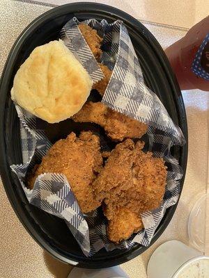 Southern Fried Chicken, mashed potatoes, Fried Okra and a biscuit