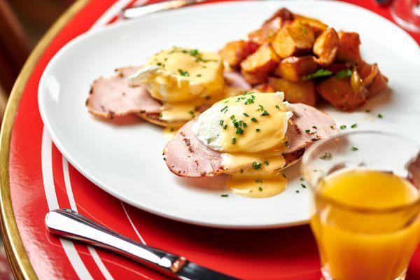 Classic Eggs Benedict - canadian bacon or smoked salmon, potatoes, salad