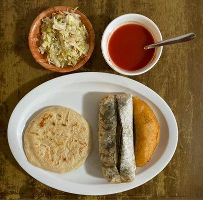 Plato Tipico #2 (Pupusa, Chicken Tamale and Beef Pastel)