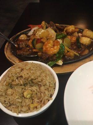 Sizzling trio and fried rice.