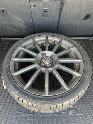 Cracked factory wheel with new tire taken to VW of Waco for wheel replacement.