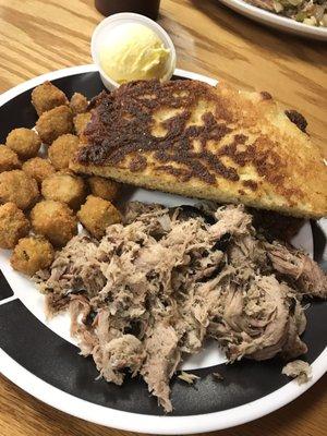 Smoked pork bbq with fried okra and fried cornbread. OMG. YUMMMM!