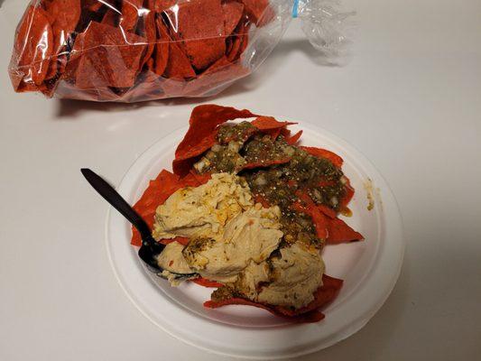 Chipotle chips and roasted verde (plus hummus that I bought at the store). Very yummy